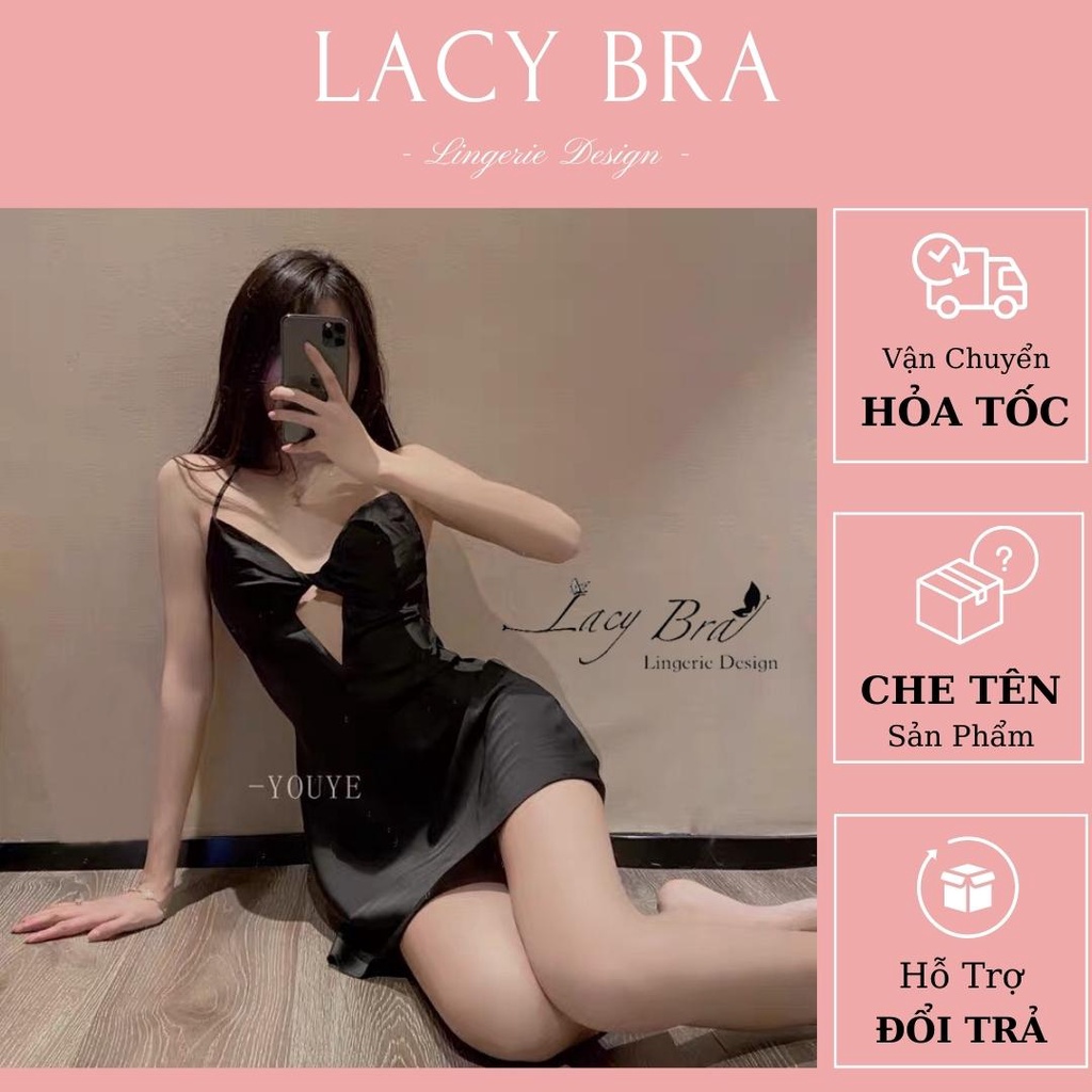 Váy Ngủ Lụa Mềm Xoắn Ngực Dây Đan Lưng Quyến Rũ Lacy Bra - V37