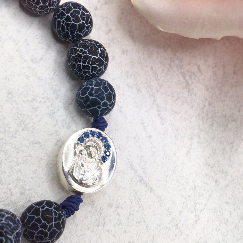 Chuỗi vòng đeo tay tràng hạt Mân Côi 10 hạt đá xanh nứt Đức Mẹ bạc s925 Thánh giá chuỗi Công giáo Rosary bracelet silver
