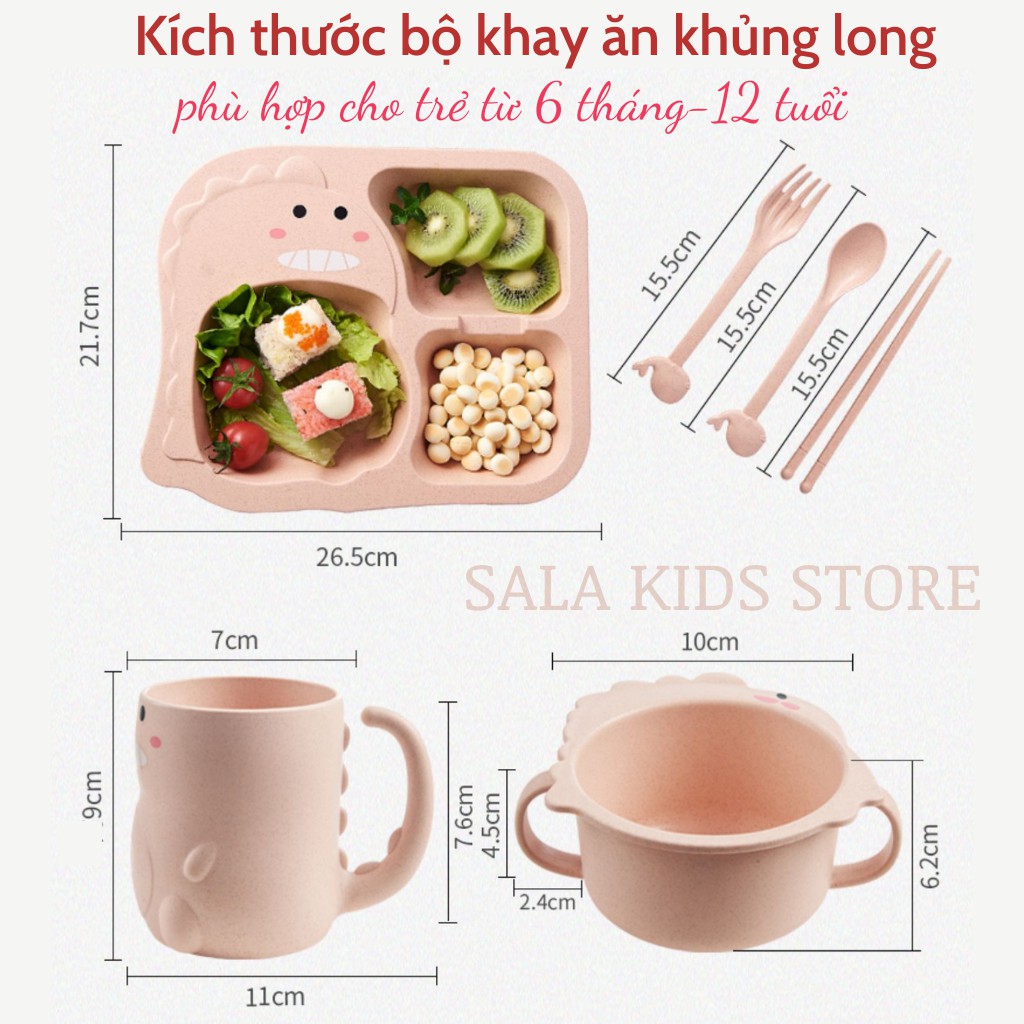 Khay Cơm Cho Bé, Khay Ăn Dặm Lúa Mạch Đựng Thức Ăn Cho Bé Chống Đổ 3 Ngăn Khủng Long SALA KIDS