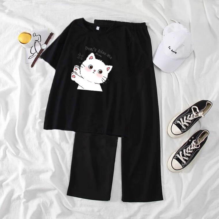 Sét Áo Kiss me + quần suông trơn, Áo thun from rộng, Chất đẹp không xù, quần suông ống rộng, Sét bộ mặc ở nhà - MODY