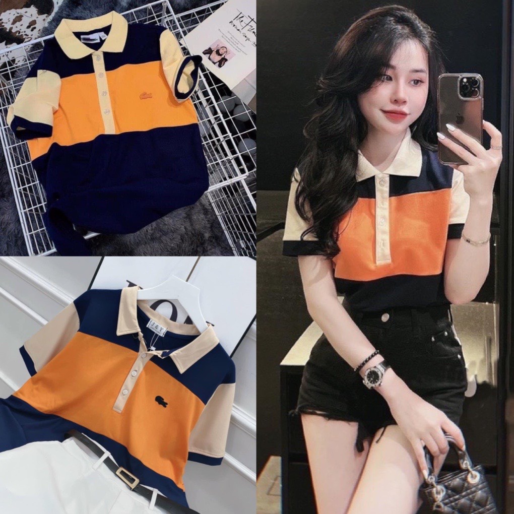 Áo polo Nữ las cot Pha Màu Cam be xanh than- Áo Phông Nữ Cổ Bẻ chất cotton phong cách hàn quốc
