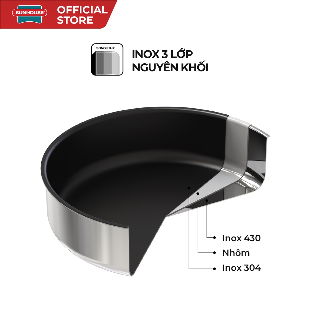 Bộ nồi chảo inox 304 đa lớp Sunhouse Mama SHG700 | 3 nồi, 1 chảo và 1 quánh | 16cm/18cm/22cm/26cm | 3 lớp