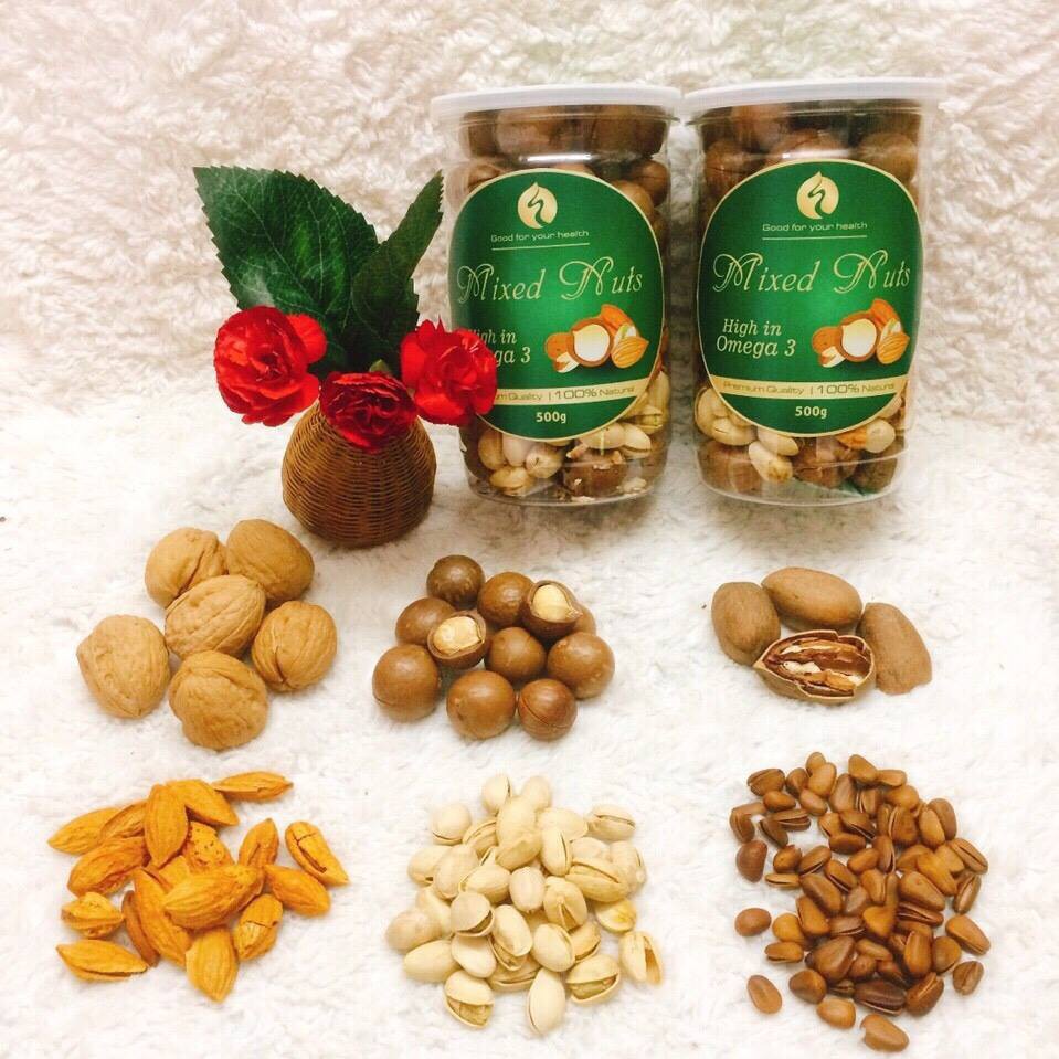 Mix Nuts 6 loại hạt gồm óc chó, hạnh nhân, thông mỹ, macca, hồ đào, hạt dẻ cười, hộp 500gr