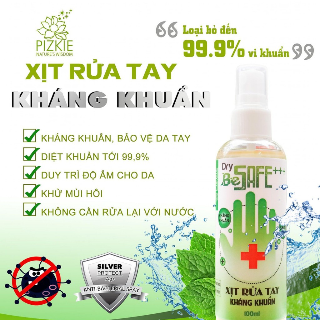 XỊT RỬA TAY KHÁNG KHUẨN DRY BE SAFE +++ diệt khuẩn 99,99% vi khuẩn, được Sở Y Tế Hà Nội Chứng Nhận