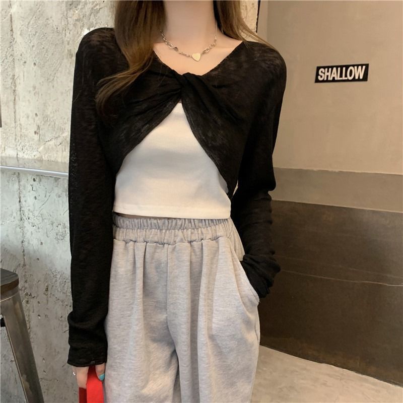 Áo Dệt Kim Mỏng Tay Dài Cổ Chữ V Thiết Kế Thắt Nút Trong Suốt Phong Cách Hàn Quốc Cho Nữ