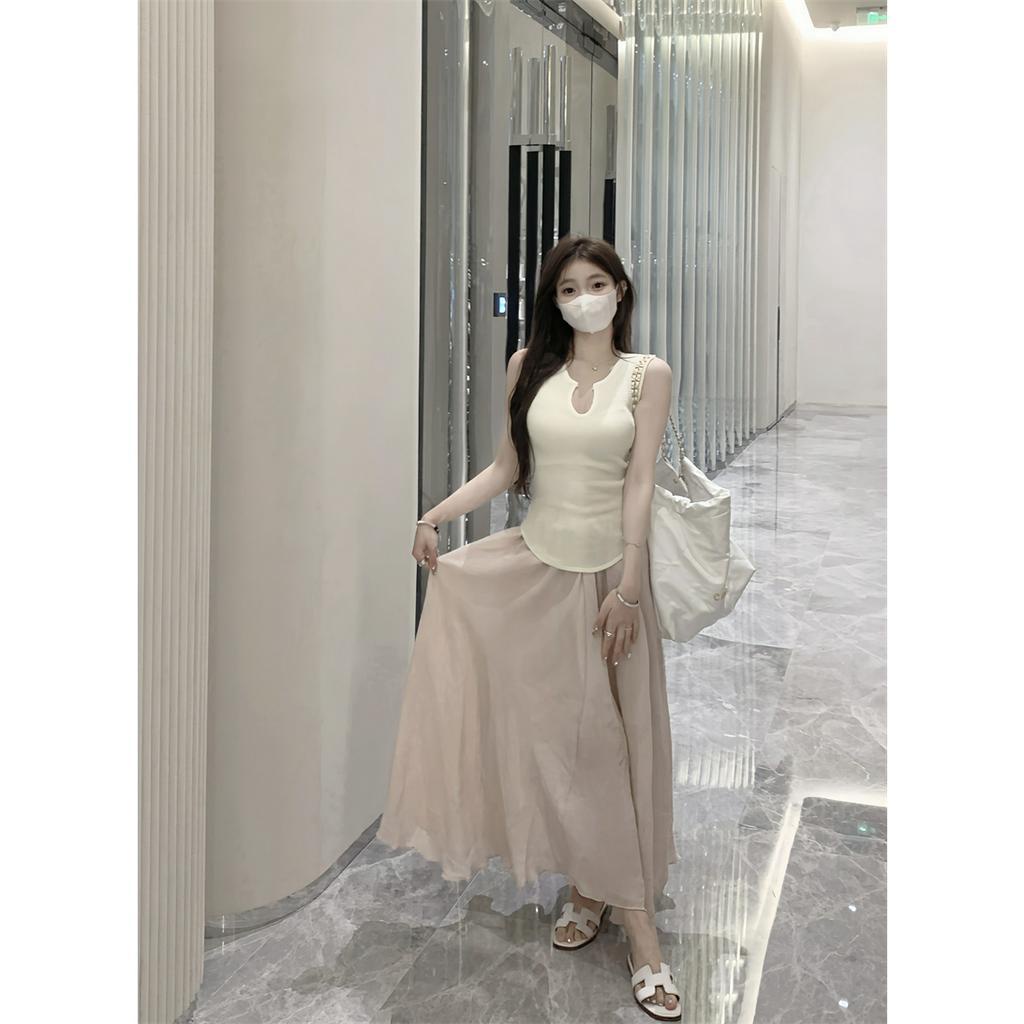 Áo Dệt Kim Sát Nách Cổ Chữ V Màu Xanh Dương Phong Cách Hong Kong Thời Trang Mùa Hè Cho Nữ