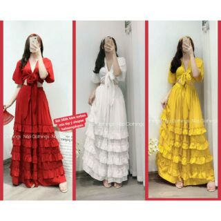 Sẵn sét áo tay loe chân váy tầng đi biển sét áo váy quảng châu boho đi biển