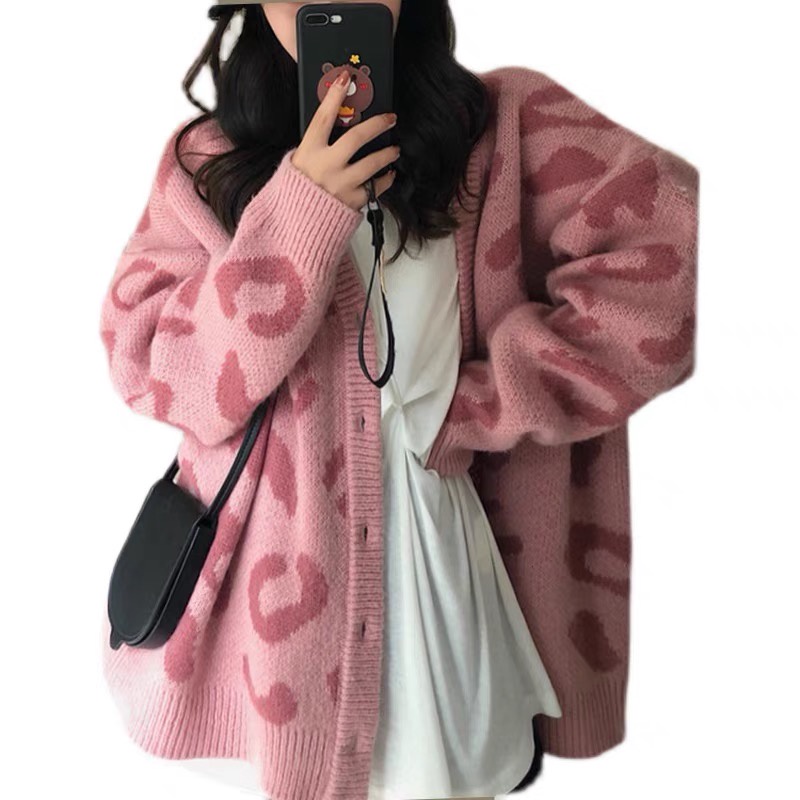 Áo khoác cardigan len họa tiết da báo dáng dài