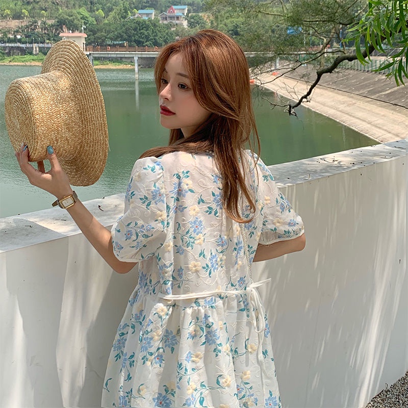 Đầm Hoa Tay Ngắn Phối Dây Rút Phong Cách Hàn Quốc Thời Trang