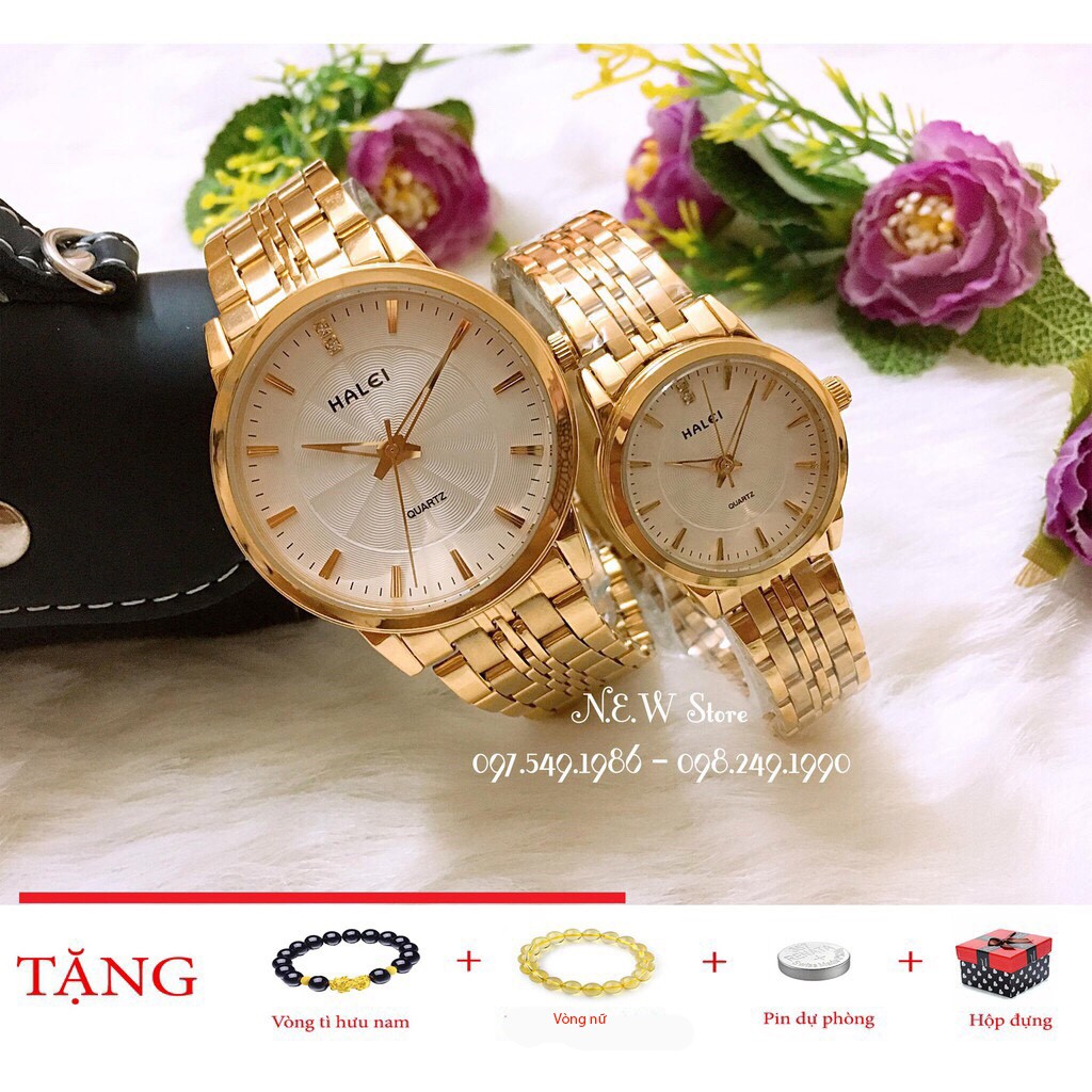 Đồng hồ cặp đôi dây thép Halei Gold Titanium đẳng cấp