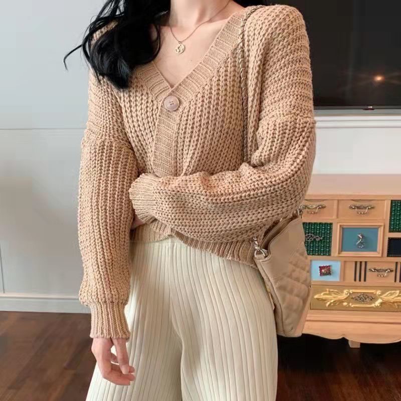 Áo Khoác len Móc Croptop Cổ Tim Tay Phồng Phong Cách Hàn Quốc | Smide Clothing