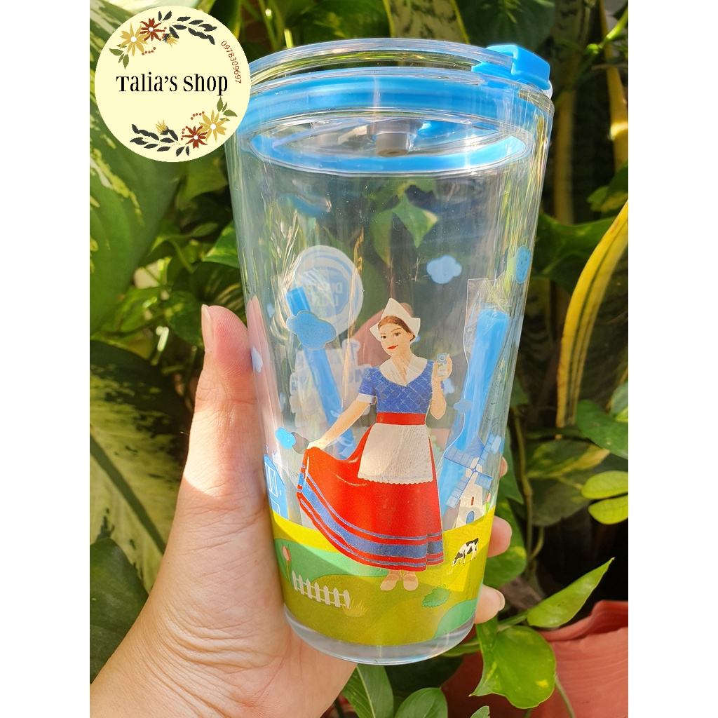 Ly thủy tinh có nắp đậy + ống hút cô gái Hà Lan