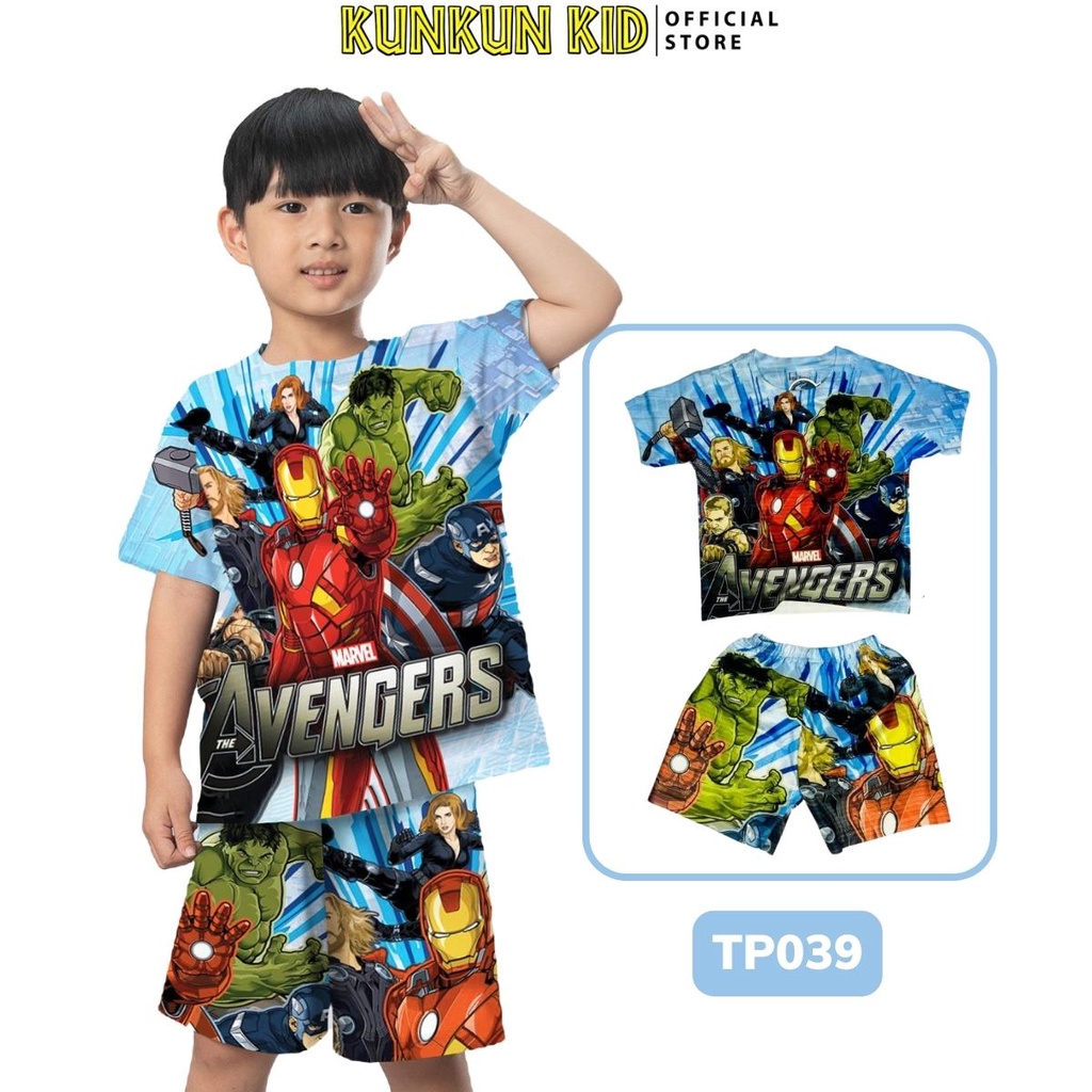 Quần áo bé trai Thun lạnh Kunkun Kid TP039 In 3D hoạt hình Avengers size đại từ 10-40kg