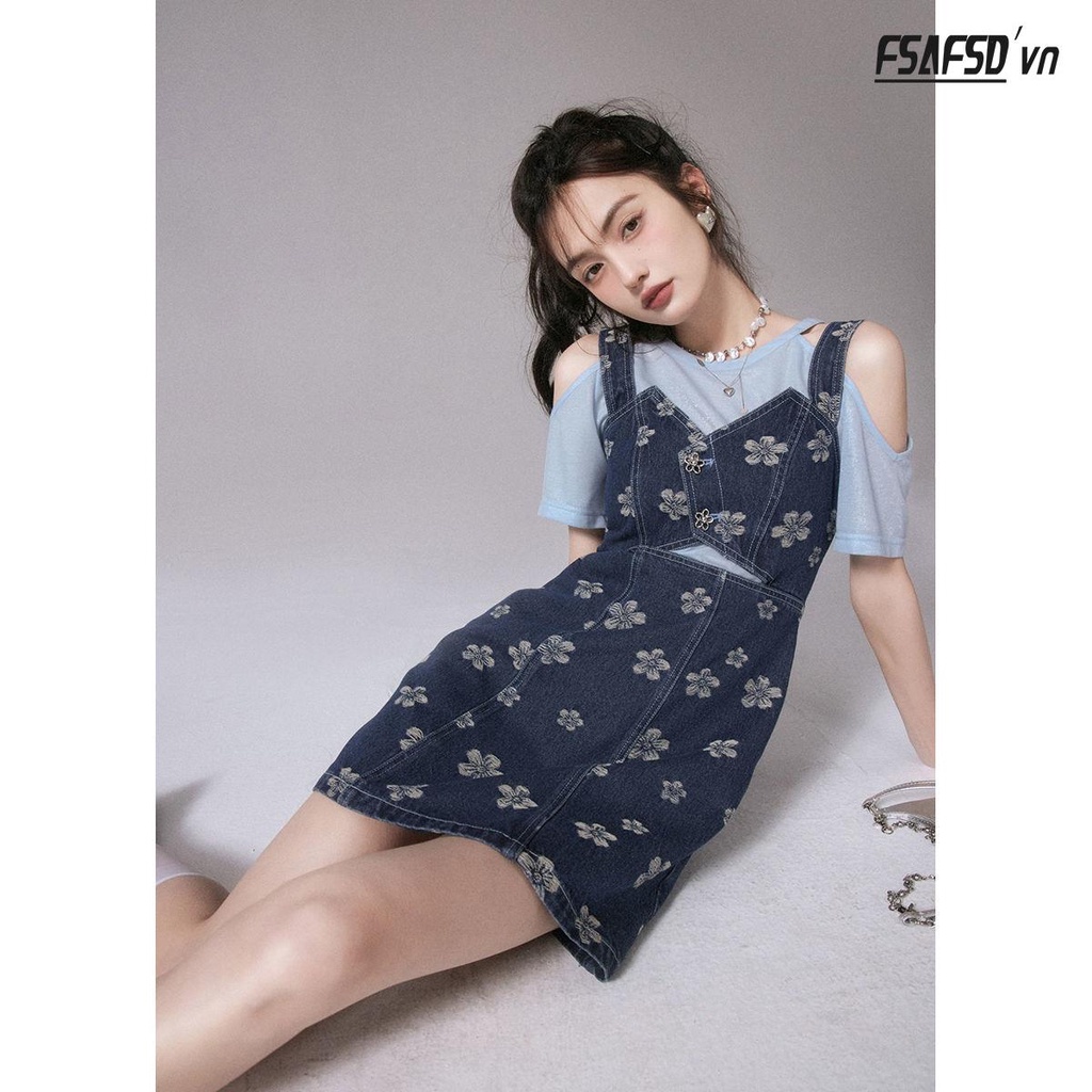 Set Đầm Denim Hai Dây Màu Sắc Trơn Phong Cách Nhật Bản Thời Trang Mùa Hè