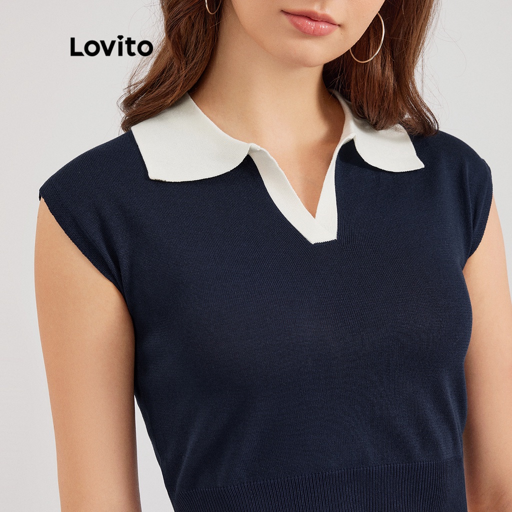 Lovito Áo Dệt Kim Mềm Mại Phối Màu Xinh Xắn Thời Trang L30ED045 (Xanh đậm)