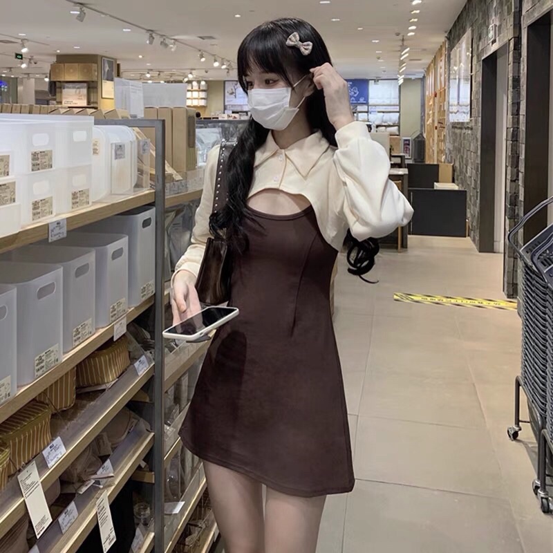 [Ảnh độc quyền] Sét váy áo cổ sơ mi cài cúc mix đầm 2 dây nữ dáng chữ A phong cách Hàn quốc | BigBuy360 - bigbuy360.vn