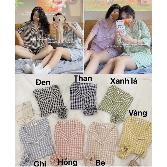 Bộ Pijama Kẻ Caro Kèm Scrunchies Siêu Xinh, Set Mặc ở Nhà