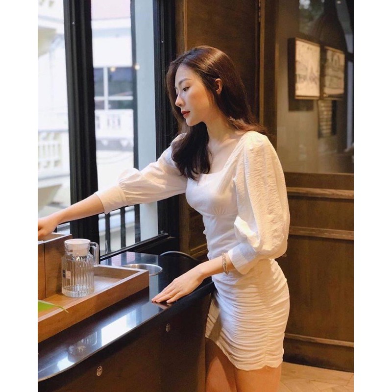 Đầm trắng cổ vuông tay phồng dáng ôm chất liệu đũi cao cấp 100% hàng giống mẫu - MN113 | BigBuy360 - bigbuy360.vn