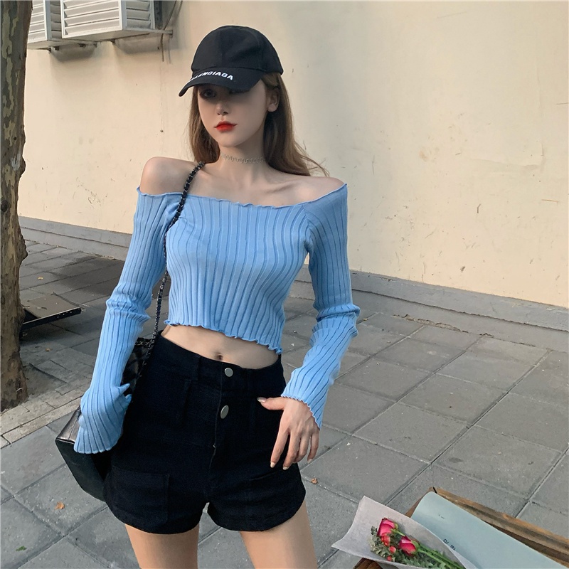 Set croptop dệt kim trễ vai dài tay dáng rộng phong cách Hàn Quốc thời trang