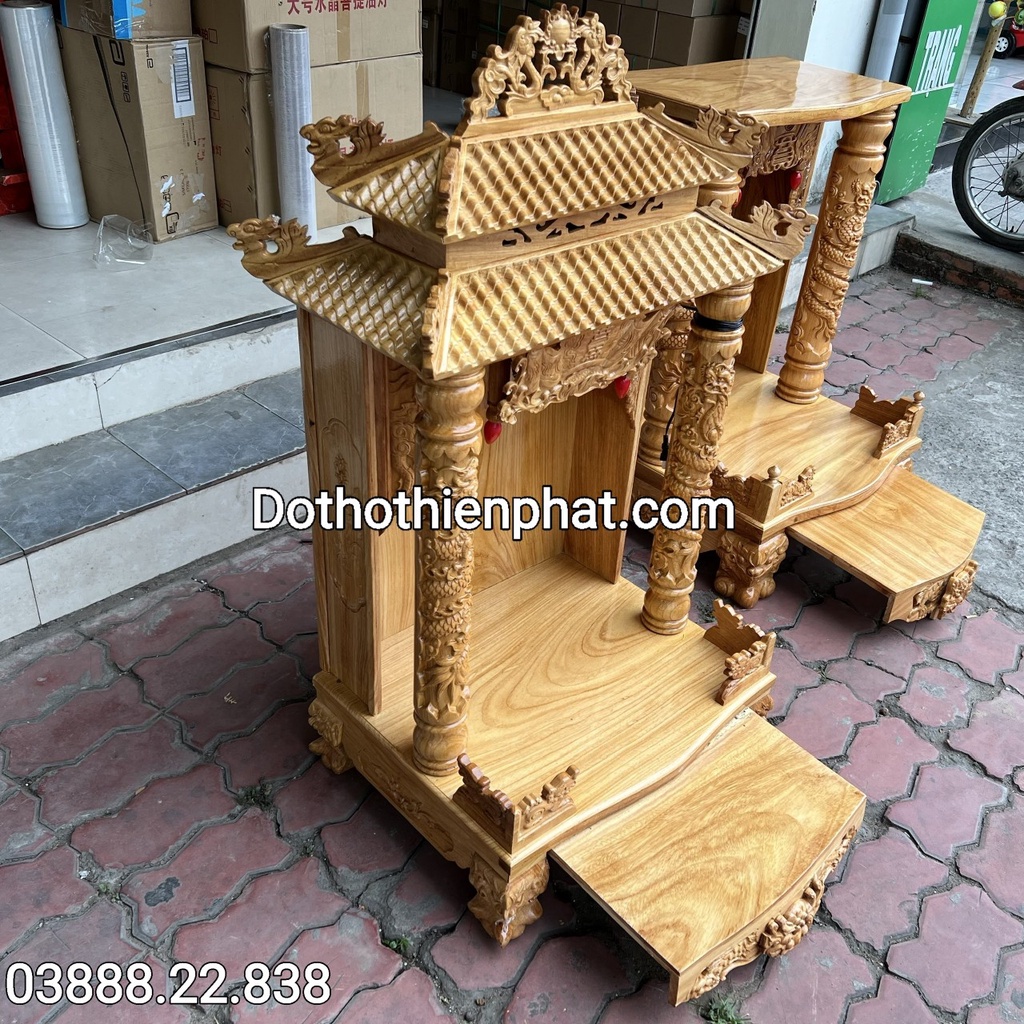 Bàn thờ thần tài ông địa gỗ gõ đỏ ngang 60cm mái chùa