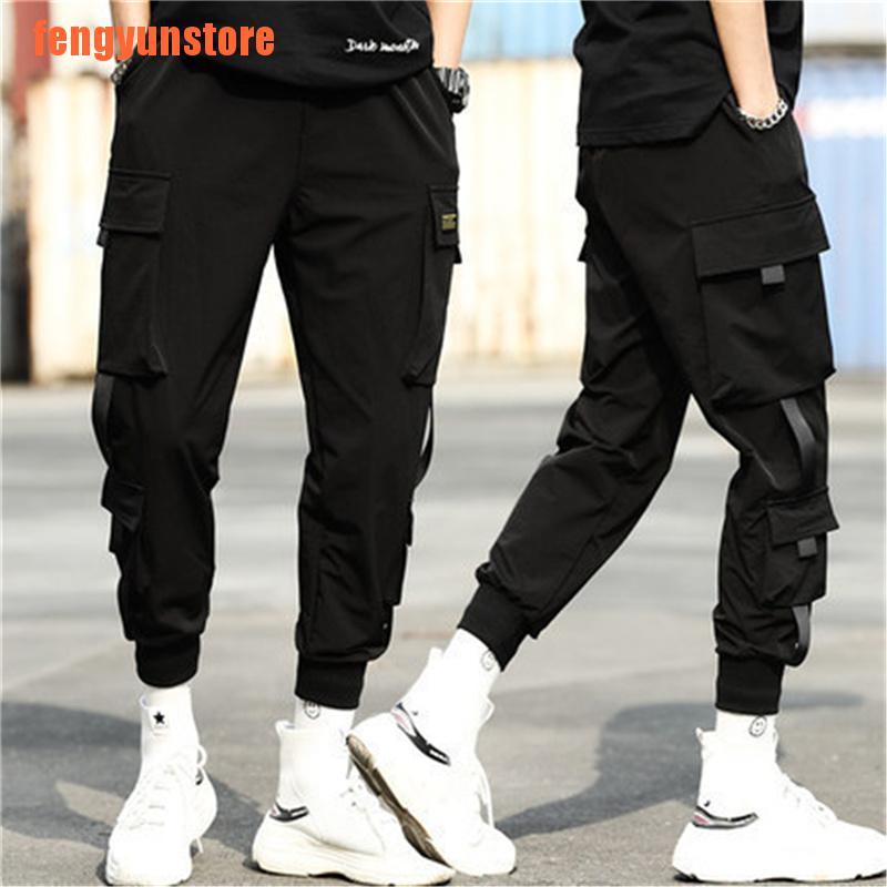 【pen】Men's Side Pockets Cargo Harem Casual Pants Ribbons Hip Hop Joggers Trouse