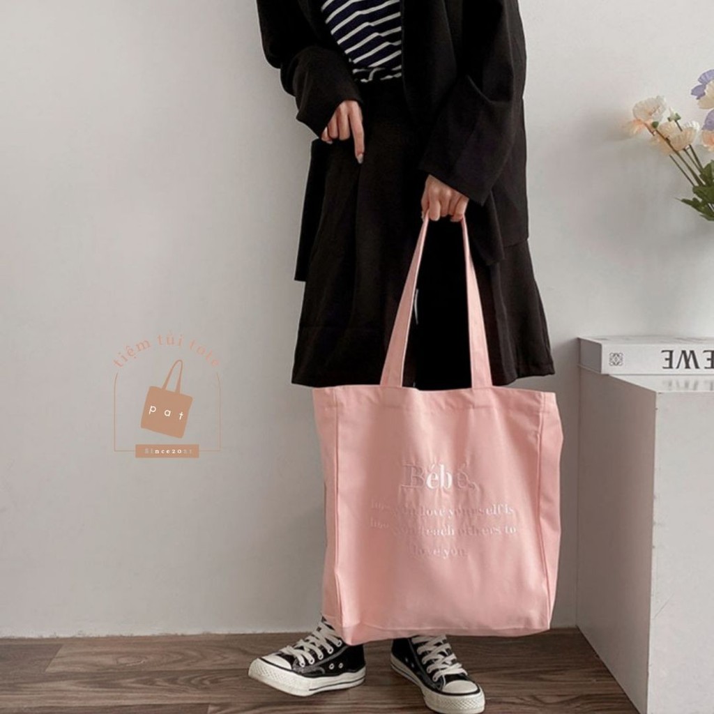 Túi tote vải canvas họa tiết thêu bé bé màu sắc pastel TP7 | tiemtuitotebypat