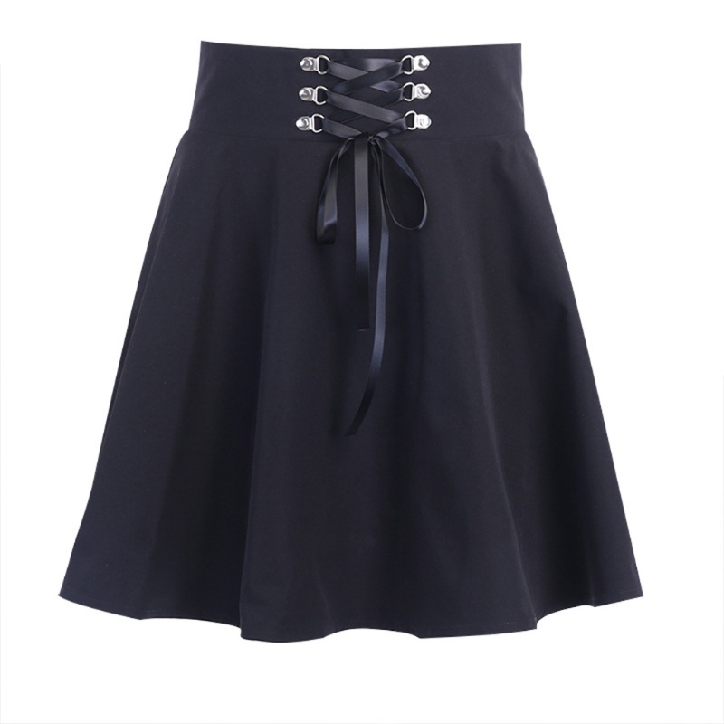 Chân Váy Chữ A Mini Lưng Cao Buộc Dây Phía Trước Màu Đen Phong Cách Gothic Cho Nữ
