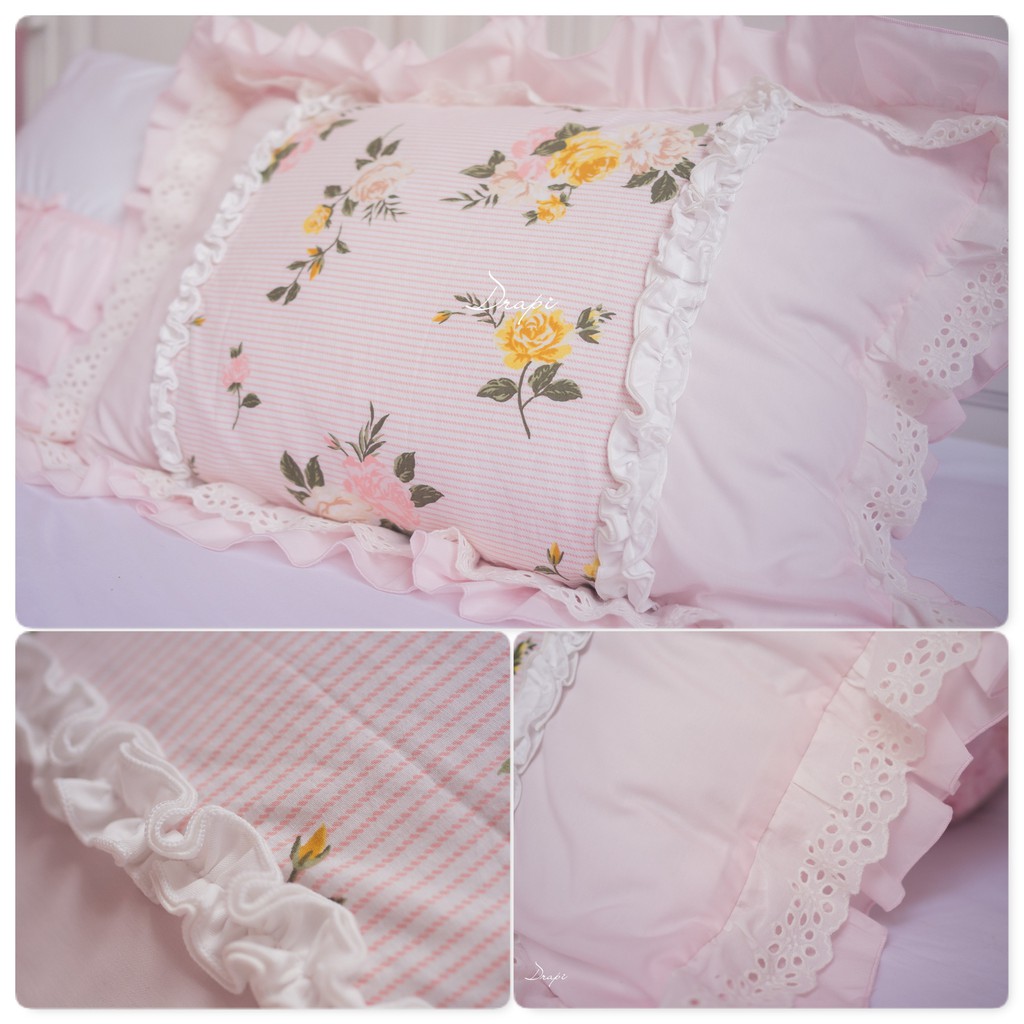 Vỏ gối nằm cotton DRAPI cao cấp - màu hồng phấn kèm hoa nhí