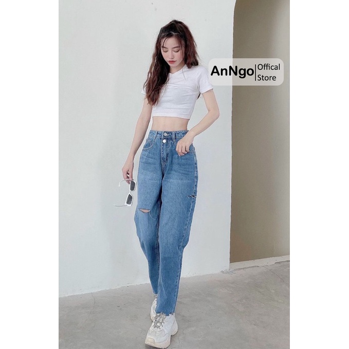 Quần jean nữ baggy ống bo rách gối , chất vải Jean Denim không co giãn, dày bền màu AnNgo - AT135