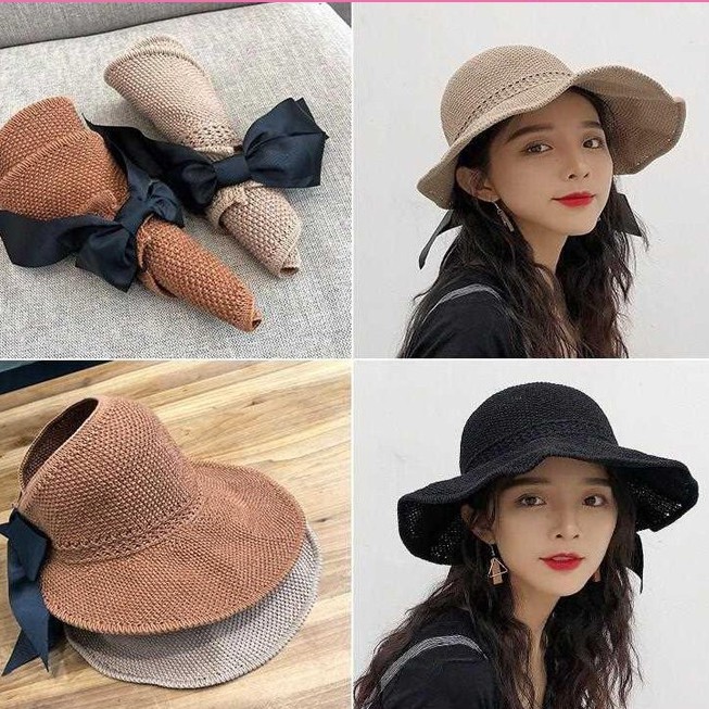 Mũ Bivota nón cói rộng vành hở chóp kèm nơ phong cách Hàn Quốc đi biển MN10