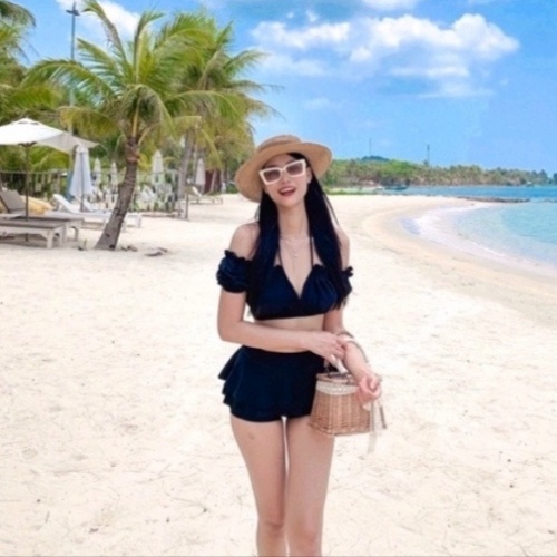 [HÌNH THẬT] Đồ bơi bikini nữ đi biển 2 mảnh tay bồng phối váy Hiền Hồ KONKUN MS77