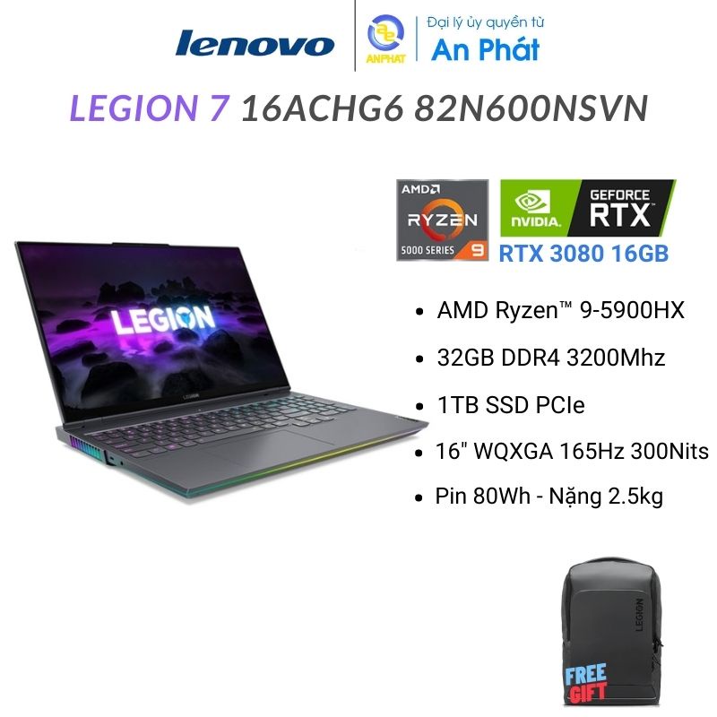 [Mã ELBAU7 giảm 7%] Laptop Lenovo Legion 7 16ACHg6 82N600NSVN (Ryzen™ 9-5900HX + RTX 3080 16GB)