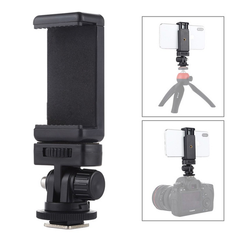 Bộ Kẹp Điện Thoại + Đầu Chuyển Cold Shoe 1/4-inch Gắn Chân Flash Máy Ảnh, Tripod