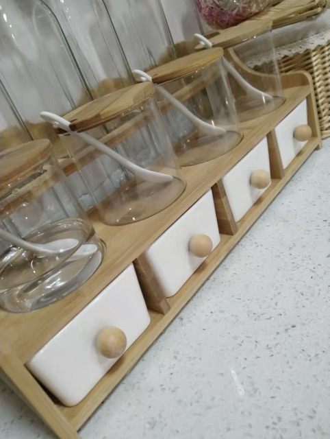 ( có sẵn )Bộ đồ đựng gia vị thuỷ tinh + sứ trắng phong cách hiện đại | BigBuy360 - bigbuy360.vn