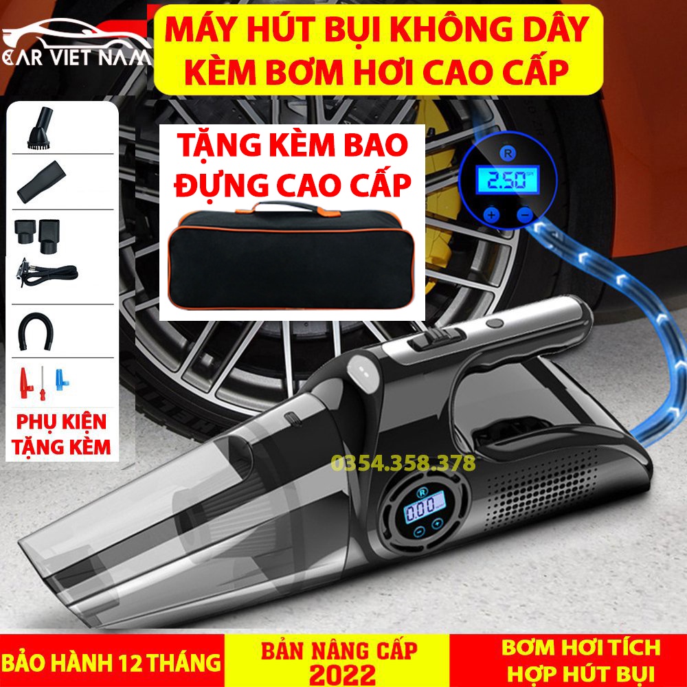 Máy hút bụi kèm bơm lốp ô tô điện tử không dây CARVN thông minh cao cấp - Hút mạnh, bơm nhanh, pin sạc bền bỉ - BH12T