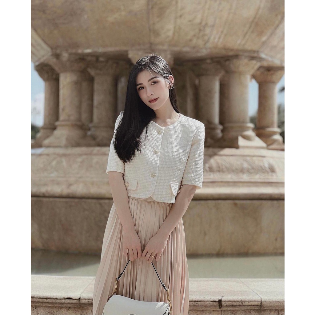 SET ÁO PHỐI NÚT + CHÂN VÁY MIDI DẬP LI