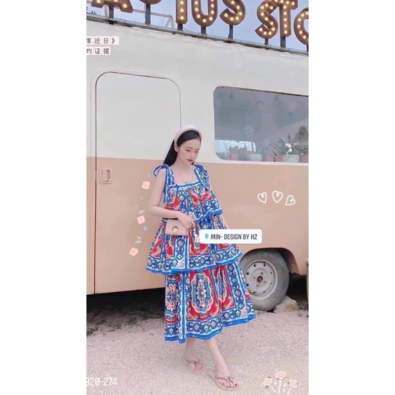 Đầm Tầng Tay Nơ Xanh Thổ Cẩm Nhập QC