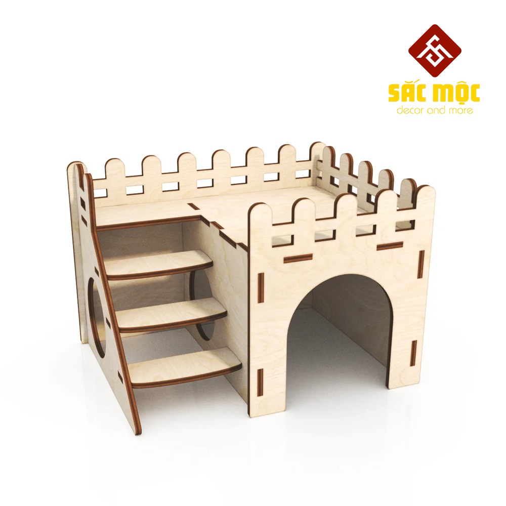 Mô Hình Nhà Trệt Mái Bằng #12 Có Cầu Thang Gỗ Lắp Ráp Cho Chuột Hamster Size 16*12*11 cm