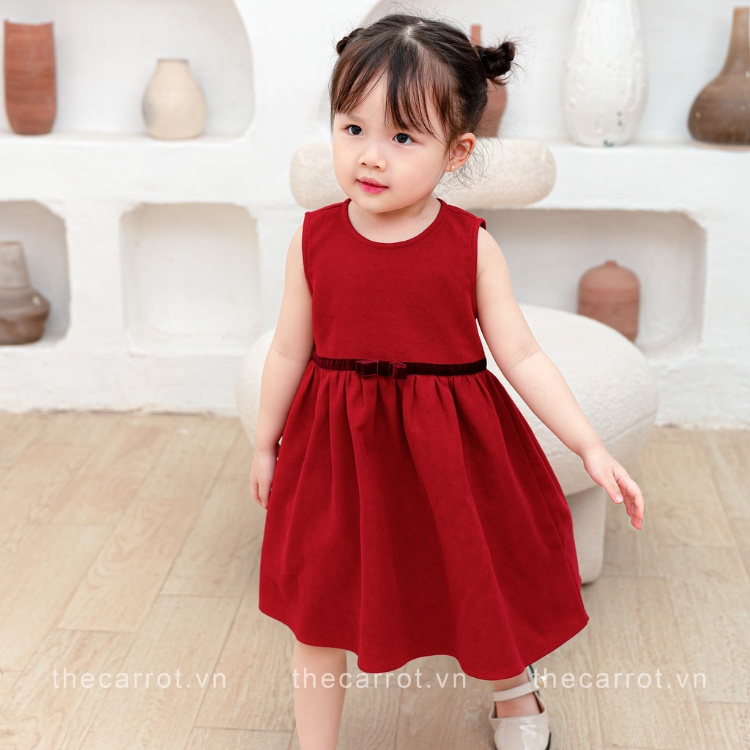 Váy nhung đỏ CARROT cho bé gái, sát nách dáng xoè, phối ruy băng nơ, chất liệu nhung chéo hàn