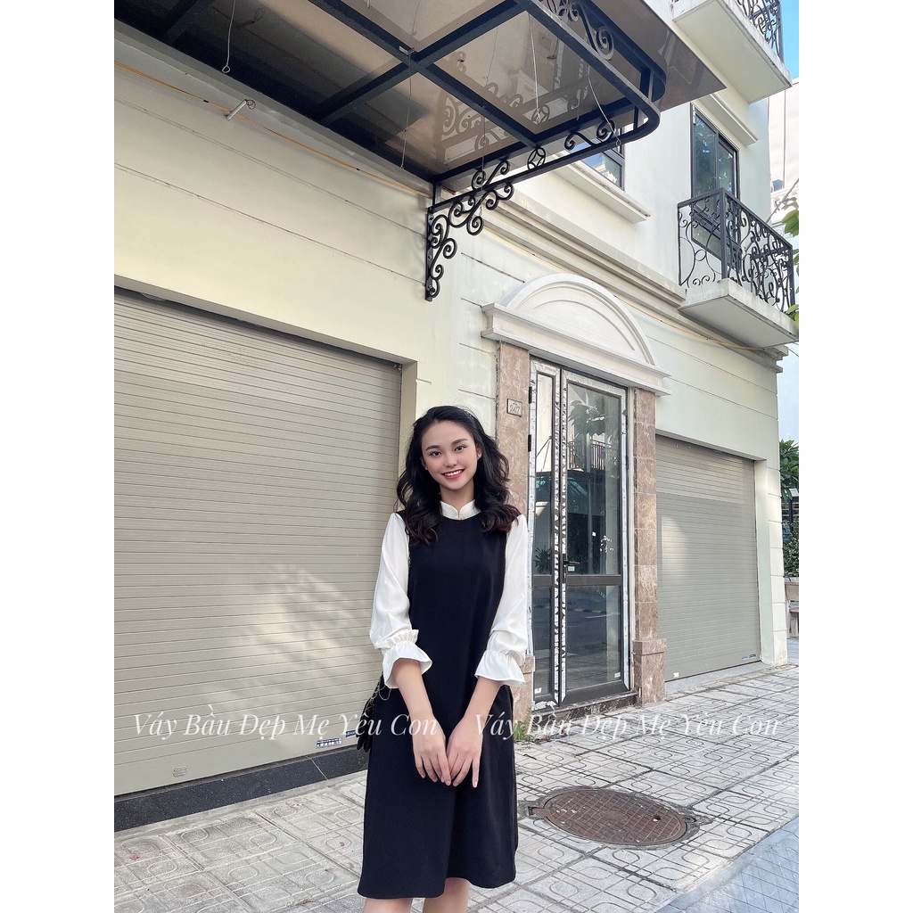 Váy Bầu- Đầm Bầu GUME Cổ Tàu Tay Trắng Dà i-  MYC 1061 ( kèm ảnh thật )