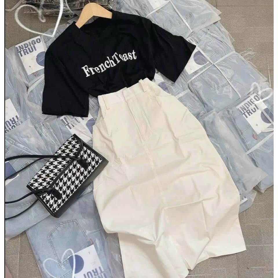 Set áo thun tay lỡ FRENCH kèm chân váy kaki dáng dài ulzzang | BigBuy360 - bigbuy360.vn