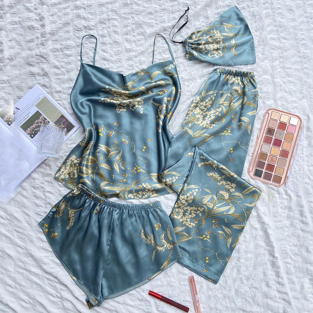 Bộ Đồ Ngủ 4 Món Bằng Lụa Mát In Họa Tiết Thời Trang Quyến Rũ Cho Nữ