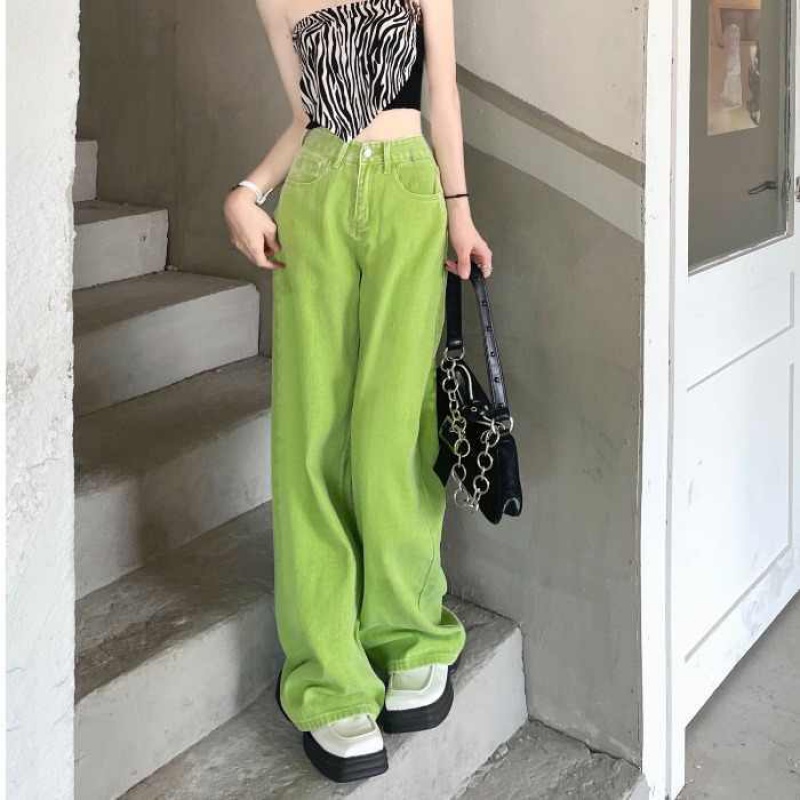 ANTUSON Quần Denim Ống Rộng Lưng Cao Màu Xanh Lá Thiết Kế Mới Thời Trang Mùa Hè Dành Cho Nữ 2022
