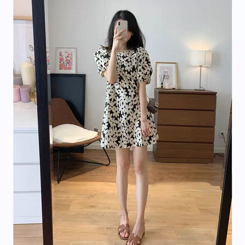 Váy chữ A hoa nhỏ tay bồng sang chảnh hàng Quảng Châu cao cấp Minxu shop