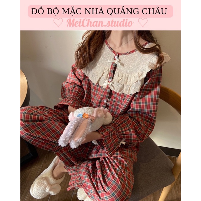 BN4_ Bộ Ngủ Pijama, đồ bộ nữ mặc nhà dài tay sọc caro tiểu thư cotton ulzzang Hàn Quốc