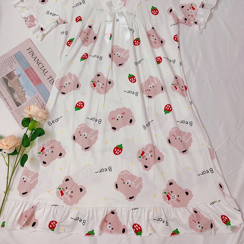 Váy ngủ đầm ngủ nữ chất thun cotton mịn mát mặc nhà thoải mái cổ bèo xinh xắn, hình gấu dễ thương | BigBuy360 - bigbuy360.vn