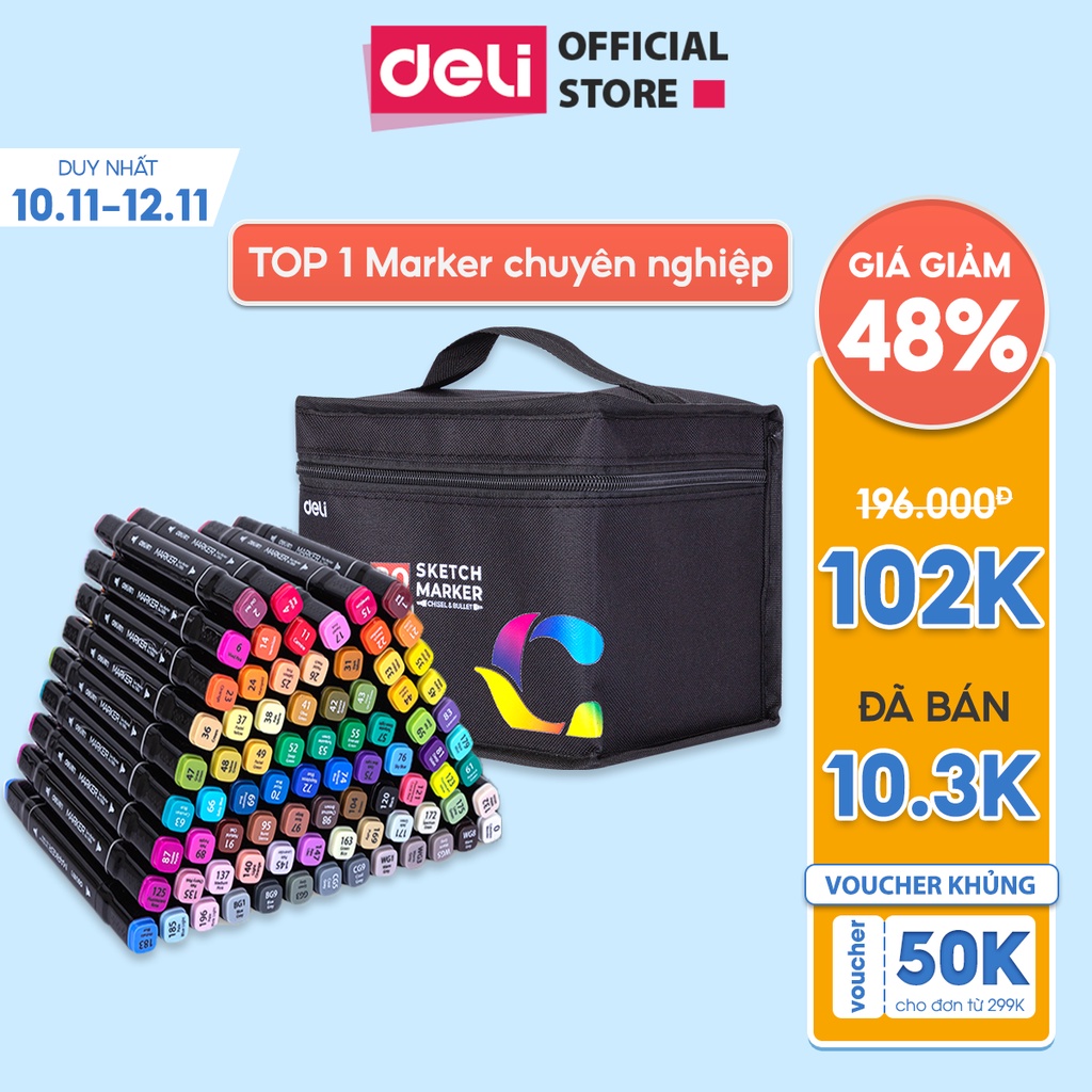  Bút màu marker chuyên nghiệp Deli - kèm túi vải và đế cắm bút - 30/40/60/80 Màu - 70806