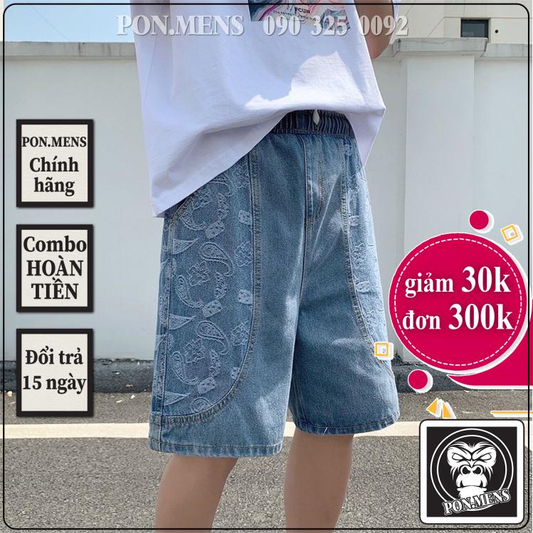 Quần đùi jean nam ống rộng lưng chun màu xanh họa tiết hoa văn 01 Pon.mens