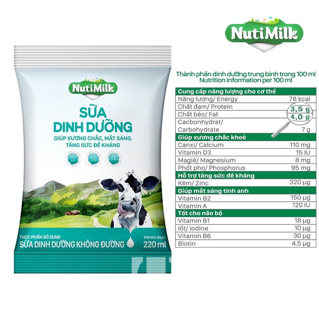 Thùng 48 Bịch NutiMilk Sữa tươi 100 điểm KHÔNG đường 220ml/bịch-TUH