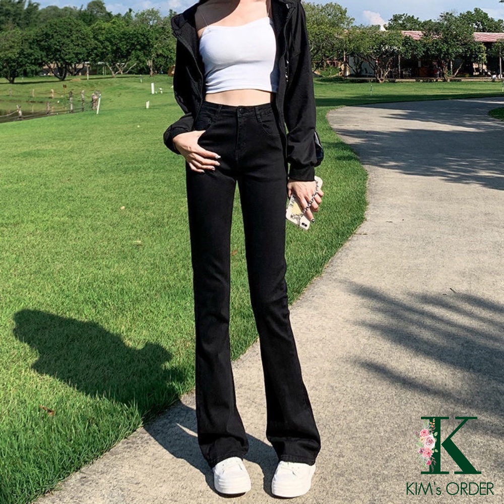 Quần Jeans Ống Loe Nữ Màu Đen Nâu Cạp Cao Loại 1 Chất Jean Kaki Co Dãn Style Hàn Cá Tính Mặc Hàng Ngày Có Bigsize